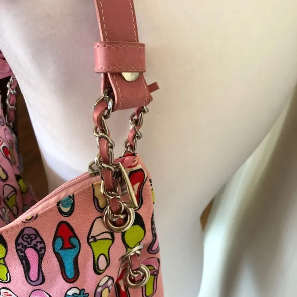 GIO CELLINI Bead Sequin Pink Canvas Shoe Print Hobo Shoulder Bag/Purse